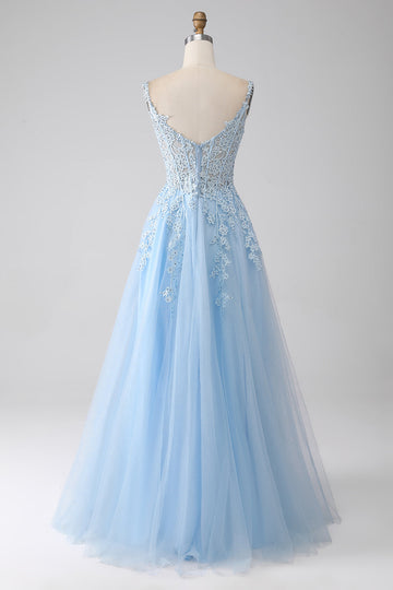 A-Line Abito da ballo corsetto azzurro con applicazioni